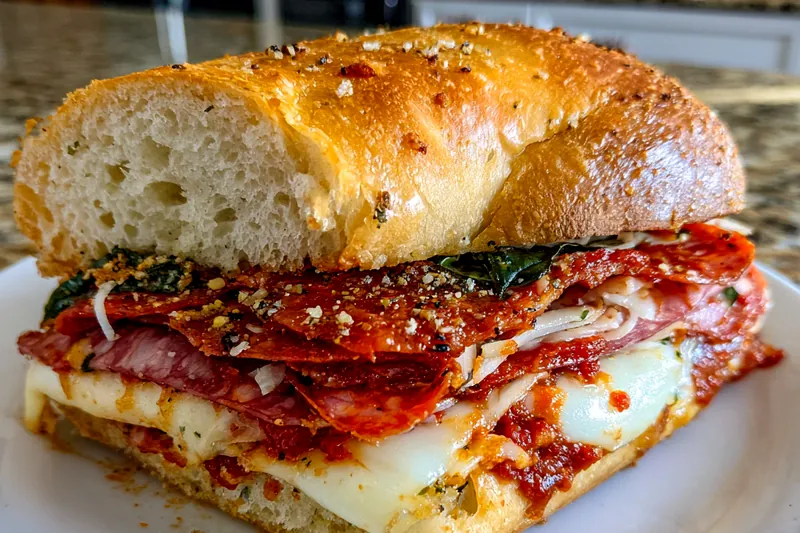 Cooking process for Savory Italian Grinder Delights, showing sausages browning in a skillet.