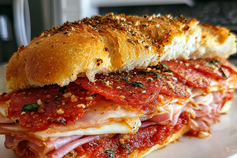 Ingredients organized for Savory Italian Grinder Delights including meats, cheese, and fresh vegetables.