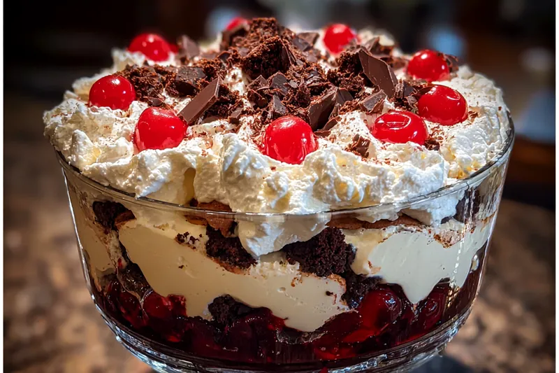 A step-by-step view of assembling the layers of the Festive Black Forest Trifle.