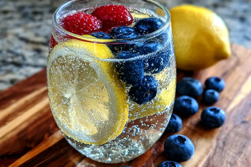 The preparation of Refreshing Blueberry Lemon Sangria in a pitcher.