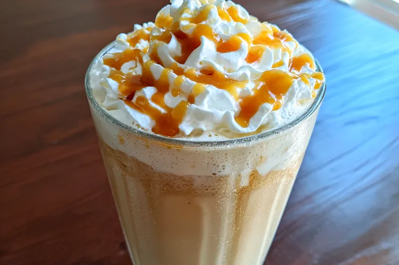 A collection of ingredients for Delicious Caramel Coffee Drink laid out on a kitchen countertop.