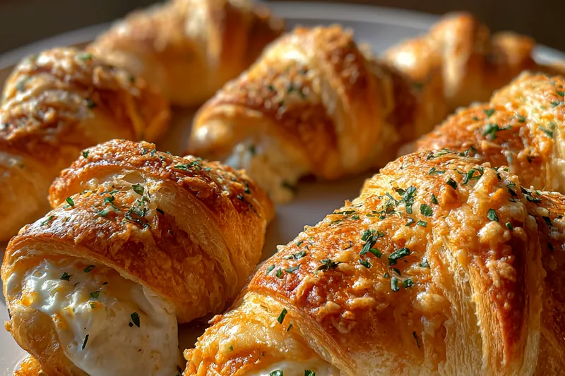 Cheese-filled croissants baking in the oven, showing golden-brown color developing and cheese beginning to bubble
