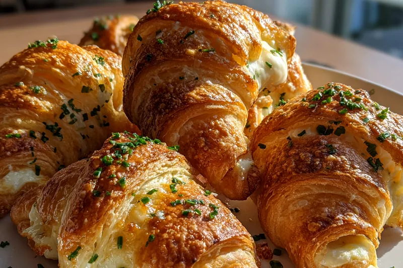 Ingredients for cheese croissants including puff pastry, cream cheese, mozzarella, Parmesan, eggs, herbs, and garlic arranged on a marble counter