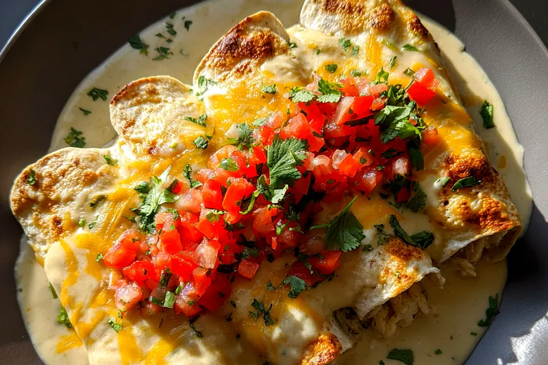 A focused view of Chef Mitchell assembling Cheesy Jalapeño Enchiladas with a variety of ingredients.