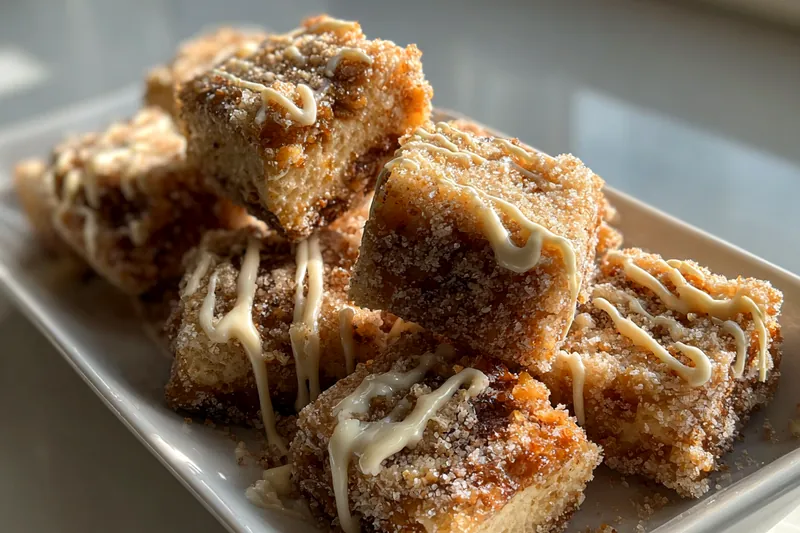Churro cheesecake bars being coated with cinnamon sugar, showing the buttery surface and generous coating application