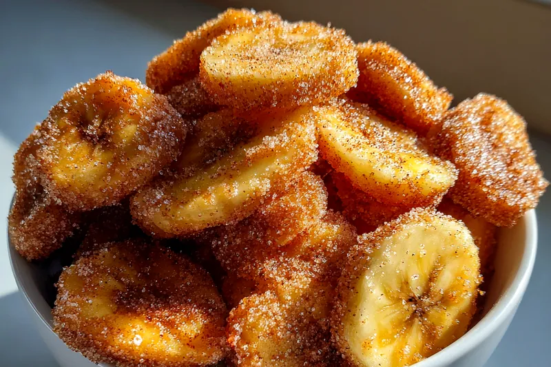 Simple ingredients for banana chips including fresh bananas, cinnamon, sugar, and lemon on a white surface
