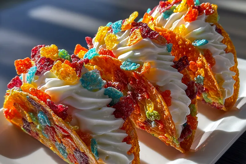Fresh ingredients for Colorful Cereal Cheesecake Tacos