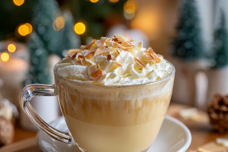 A step-by-step visual guide to creating Cozy Vanilla Almond Latte, showcasing the process from brewing espresso to garnishing the final drink.