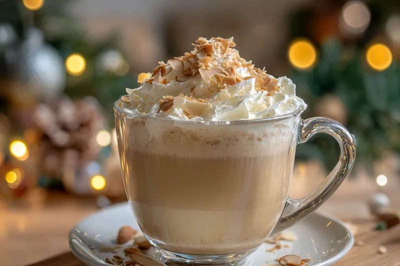 A vibrant setup of ingredients for Cozy Vanilla Almond Latte, including espresso, almond milk, and toppings.