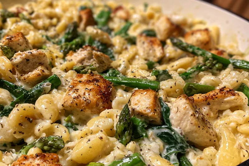 Fresh ingredients for Creamy Chicken Orzo with Asparagus Dinner