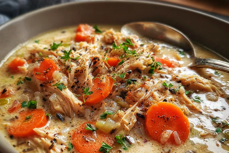 Chef stirring the creamy chicken wild rice mixture in a skillet over medium heat.