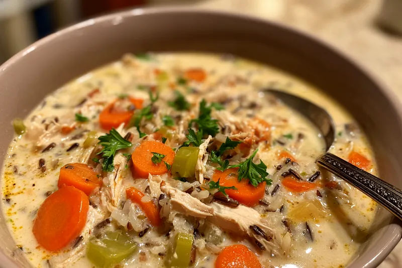 Fresh ingredients laid out for Creamy Chicken Wild Rice Delight including chicken, wild rice, and vegetables.