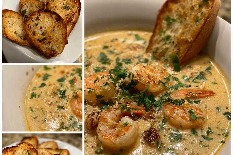 A pot simmering with Decadent Crab and Shrimp Bisque, showcasing the creamy texture and colorful seafood.