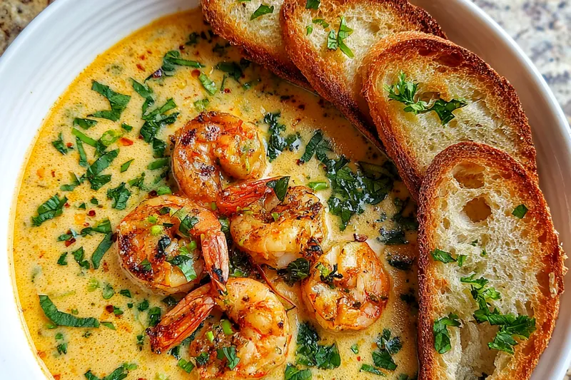 A colorful array of fresh ingredients for Decadent Crab and Shrimp Bisque, including crab meat, shrimp, vegetables, and herbs.