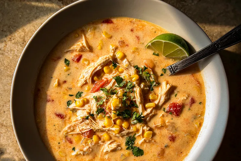 Cooking Creamy Mexican Chicken Chowder in a pot on the stove.