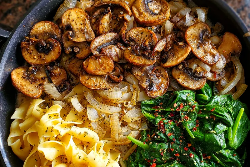 Fresh ingredients for Creamy Mushroom Spinach Pasta