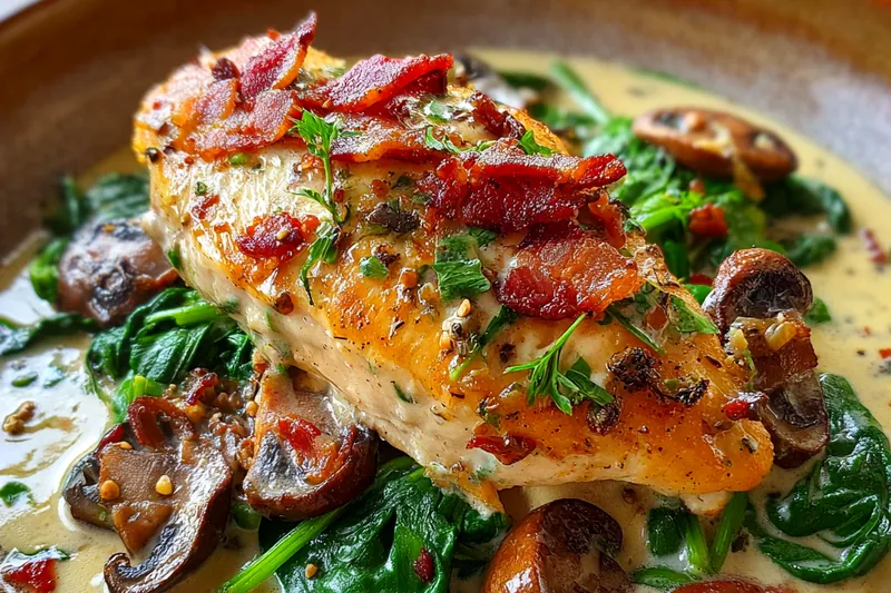 Chef Mitchell stirring the creamy sauce for Creamy Spinach Bacon Chicken in a large skillet.