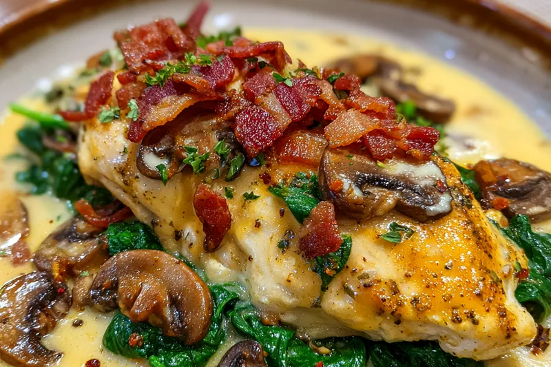 An assortment of fresh ingredients prepared for Creamy Spinach Bacon Chicken including chicken, spinach, and bacon.