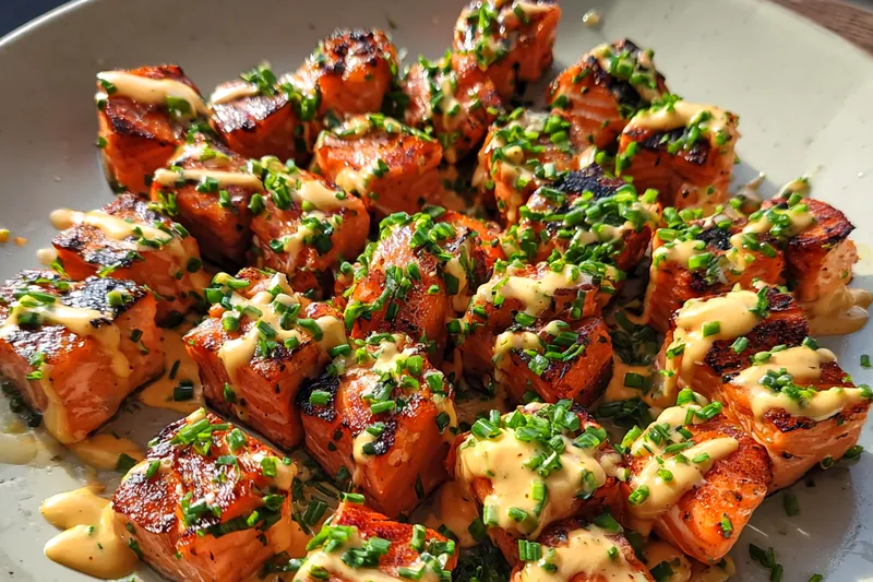 Cooking process for Crispy Salmon Bites with Herb Drizzle