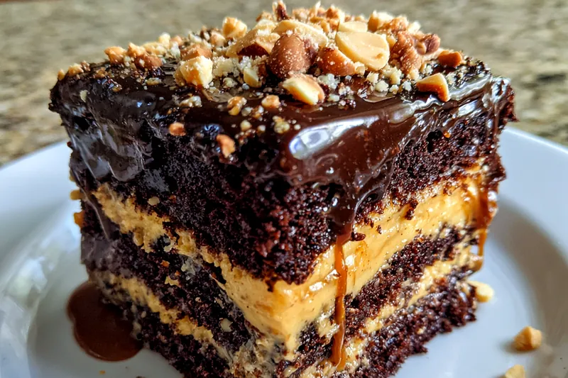 Chef Mitchell pouring the chocolate batter into cake pans for Decadent Chocolate Peanut Butter Cake.