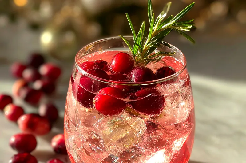 The process of mixing the Cranberry Holiday Spritzer with vibrant colors and fresh garnishes.