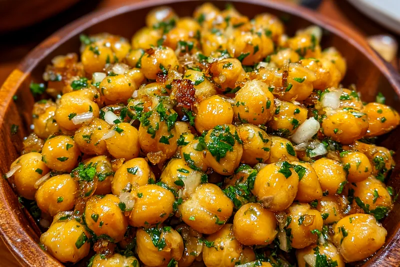 Oven-baked chickpeas in a baking tray, turning golden and crispy.