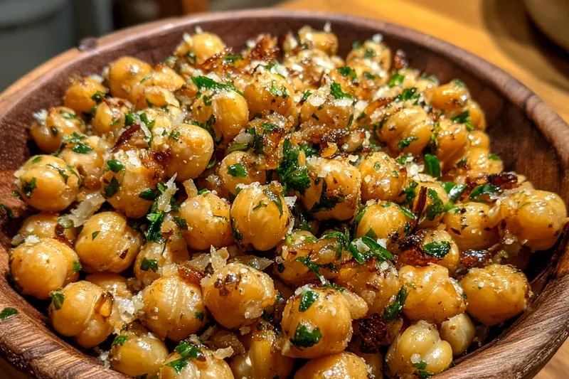 Ingredients displayed for making Crispy Garlic Herb Chickpeas, including chickpeas, garlic, and spices.