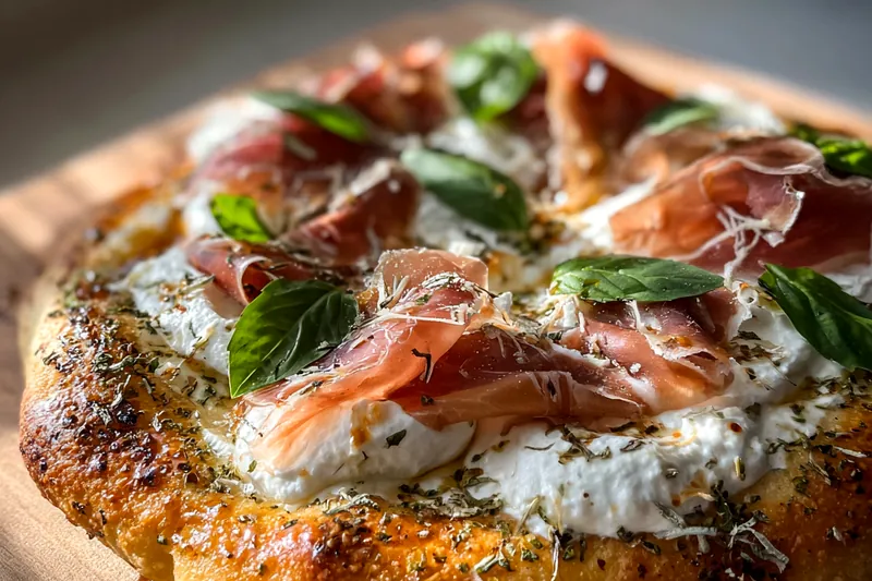 Cooking process for Gourmet Prosciutto White Pizza