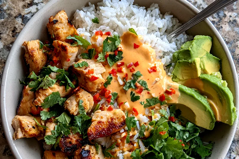 Fresh ingredients for Grilled Chicken Rice Bowl