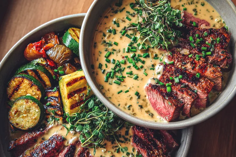 Fresh ingredients for Grilled Steak and Zucchini Bowl