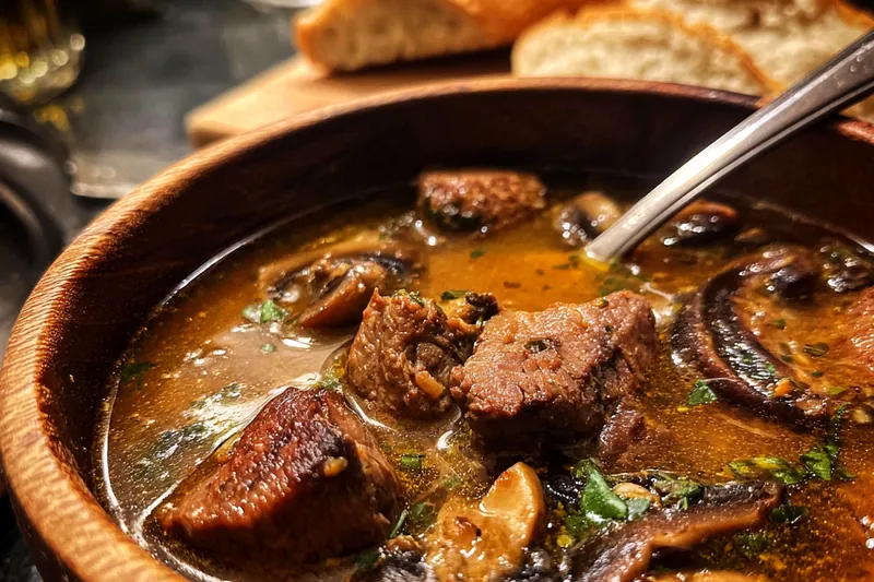 Cooking process for Hearty Beef Mushroom Soup