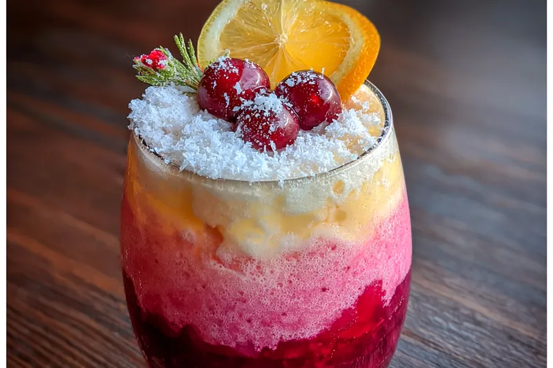 A vibrant Festive Holiday Mocktail Delight served in a glass with ice and garnished with mint and cranberries.