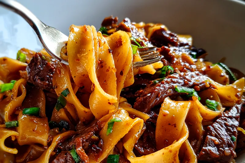 Chef Mitchell stir-frying ingredients for Savory Korean Beef Noodles in a hot skillet.