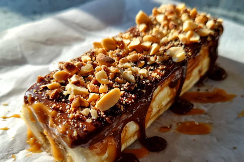 A colorful array of ingredients for Guilt-Free Banana Snickers including ripe bananas, dark chocolate, and peanut butter.