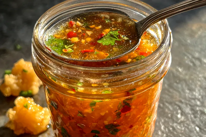 A colorful arrangement of fresh ingredients for Spicy Mango Honey Sauce, including ripe mangoes, honey, and chili flakes.