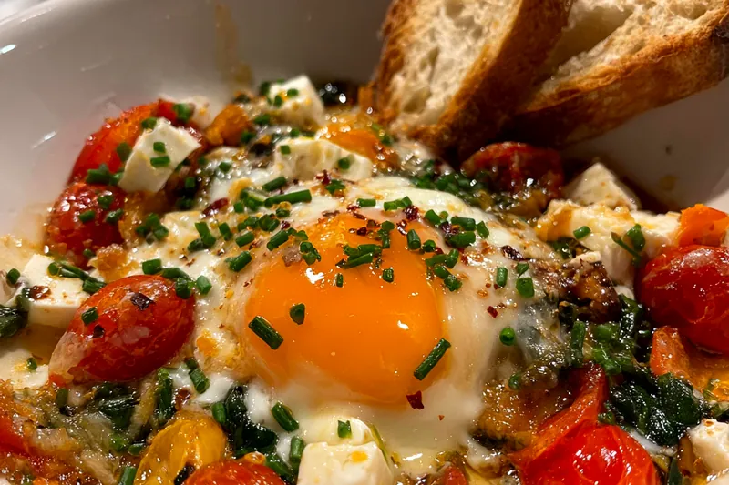 Cooking process for Mediterranean Baked Feta Eggs