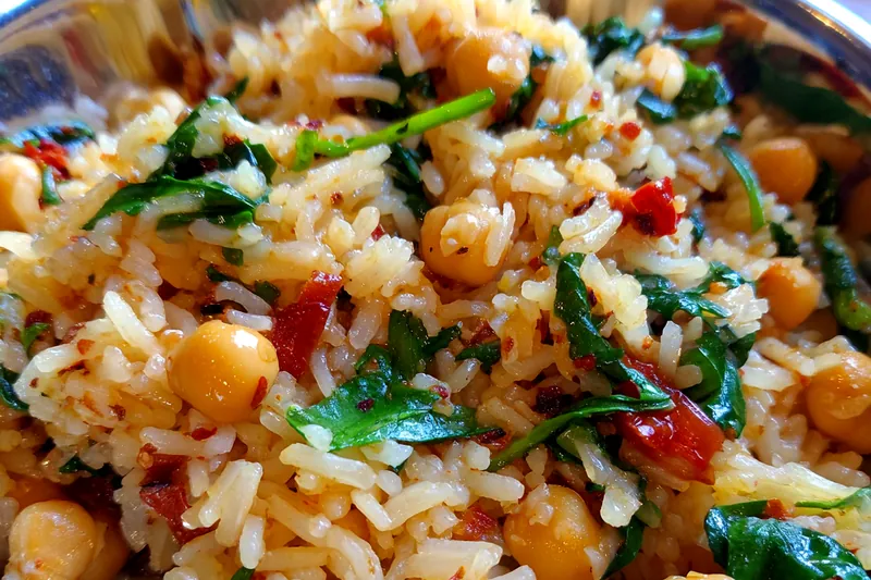 Fresh ingredients for Mediterranean Chickpea Rice Bowl