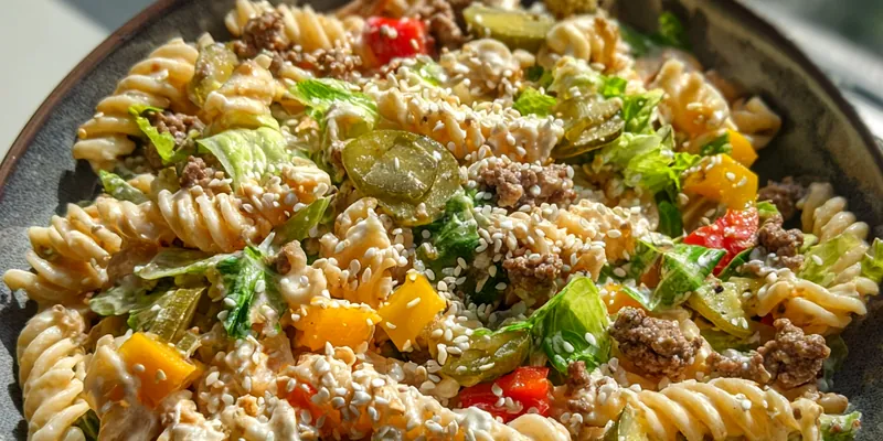 Mediterranean Ground Beef Pasta with Roasted Vegetables