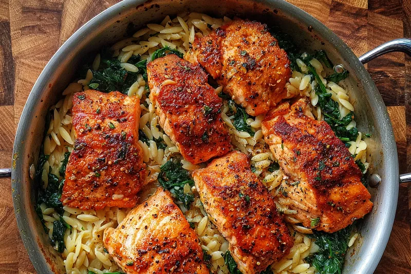 Cooking process for Pan-Seared Salmon with Creamy Orzo and Spinach