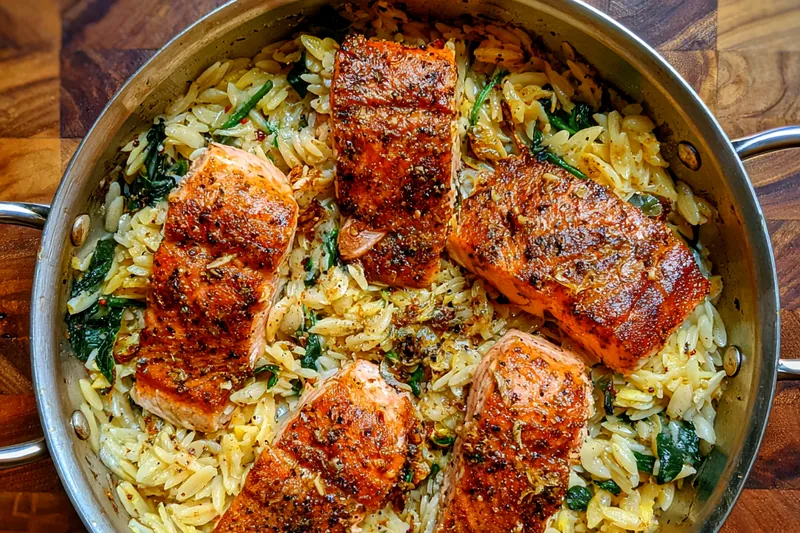 Fresh ingredients for Pan-Seared Salmon with Creamy Orzo and Spinach