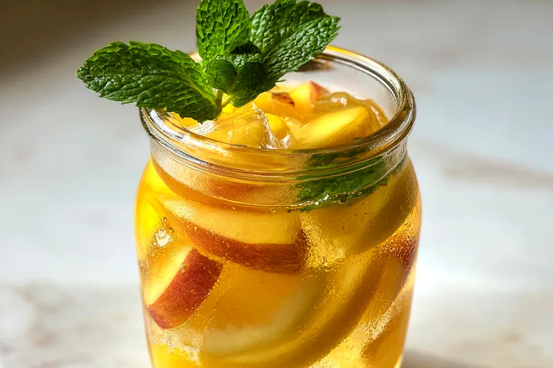 Fresh peaches and lemons on a wooden countertop ready to be made into refreshing lemonade.