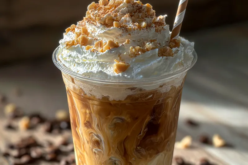 A visually appealing arrangement of ingredients for Peanut Butter Cup Iced Coffee Bliss, including coffee, peanut butter, and chocolate syrup.