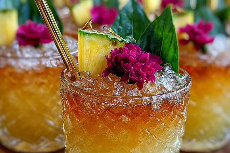 The process of blending tropical fruits into a smooth punch.