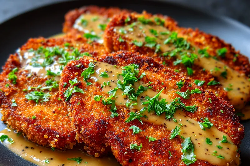 A chef flipping golden brown schnitzels in a skillet.