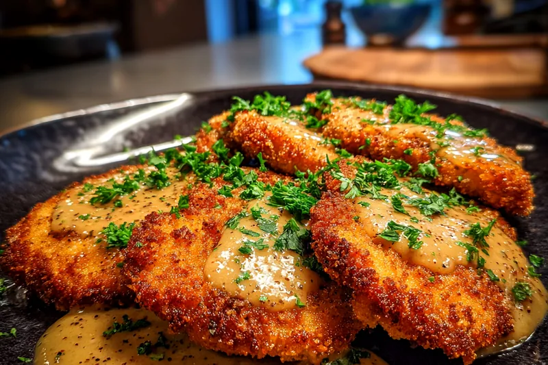 Chef Mitchell frying Crispy Pork Schnitzel in a skillet.