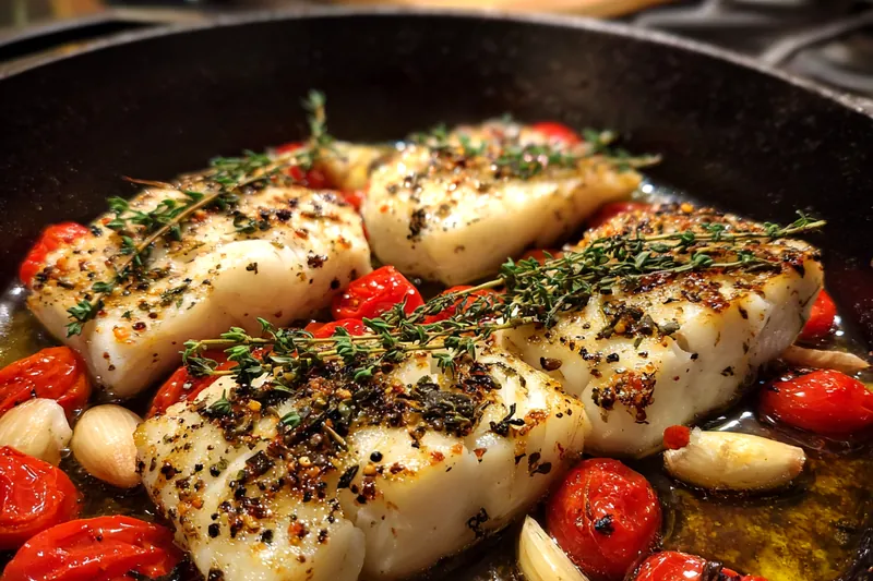 A colorful display of fresh ingredients for Quick Mediterranean Baked Fish including fish fillets, tomatoes, and herbs.