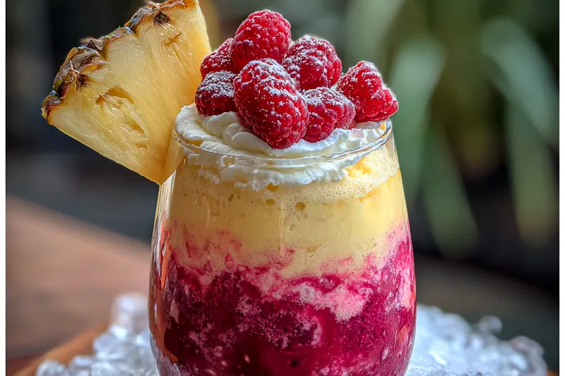 Chef blending ingredients for the Fruity Coconut Raspberry Drink in a high-speed blender.
