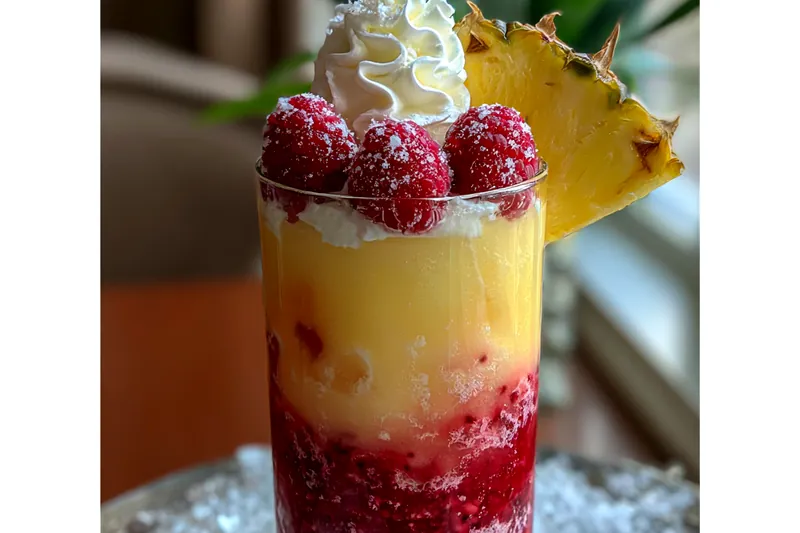 Ingredients for Fruity Coconut Raspberry Drink laid out on a wooden table.