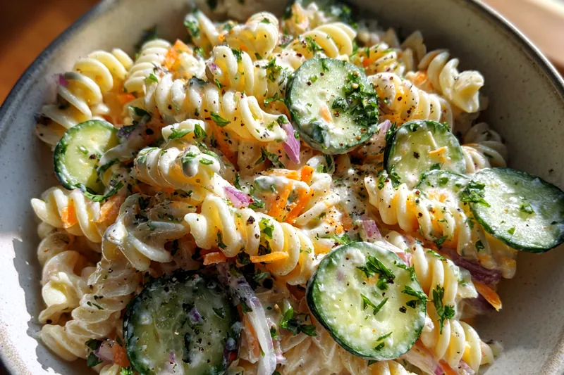 Fresh ingredients for Refreshing Cucumber Pasta Salad