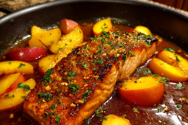 Cooking process of Savory Bourbon-Glazed Salmon on the grill with the glaze being applied.